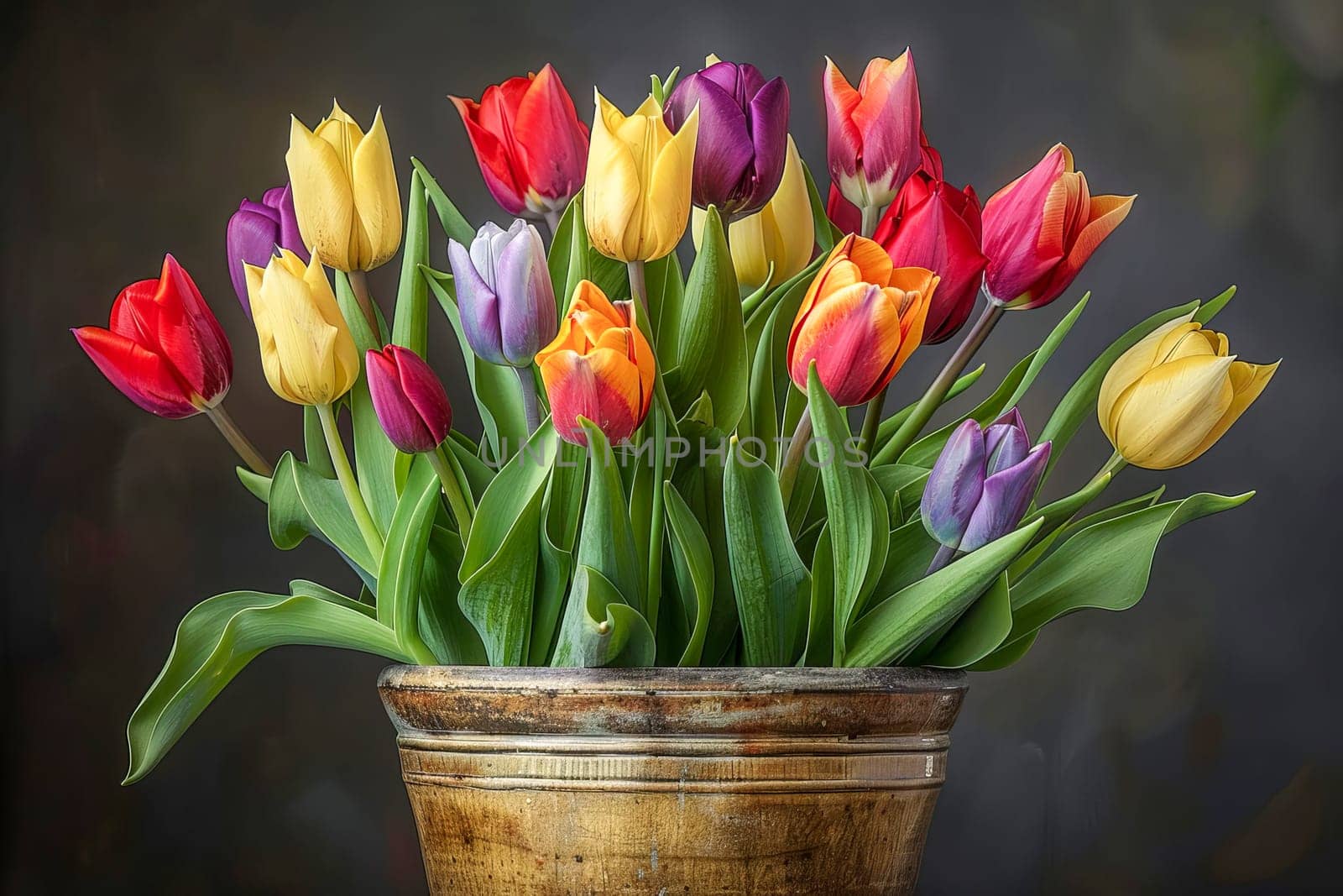 An image of a bouquet of beautiful flowers in a container. The concept of spring, summer, beauty in nature. AI generated.