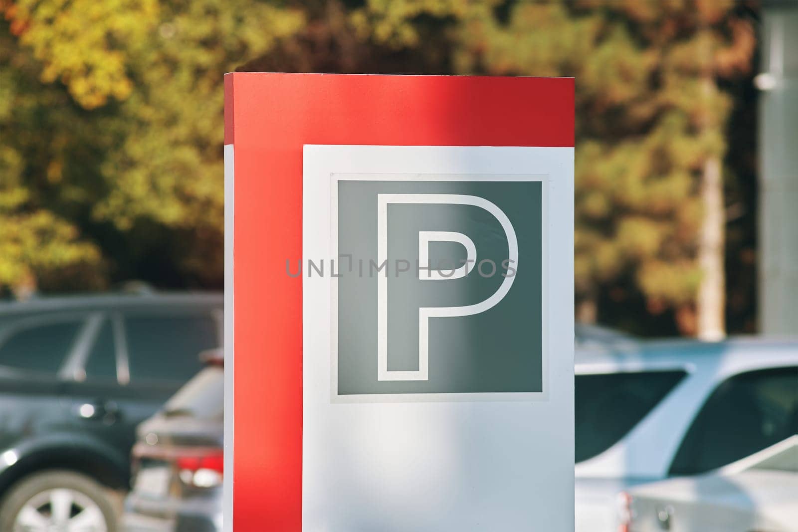 Parking sign. Signal on a car and tree background.