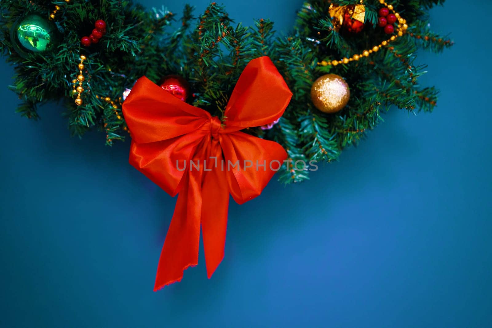 Traditional handmade Christmas wreath green fir tree. Close up.