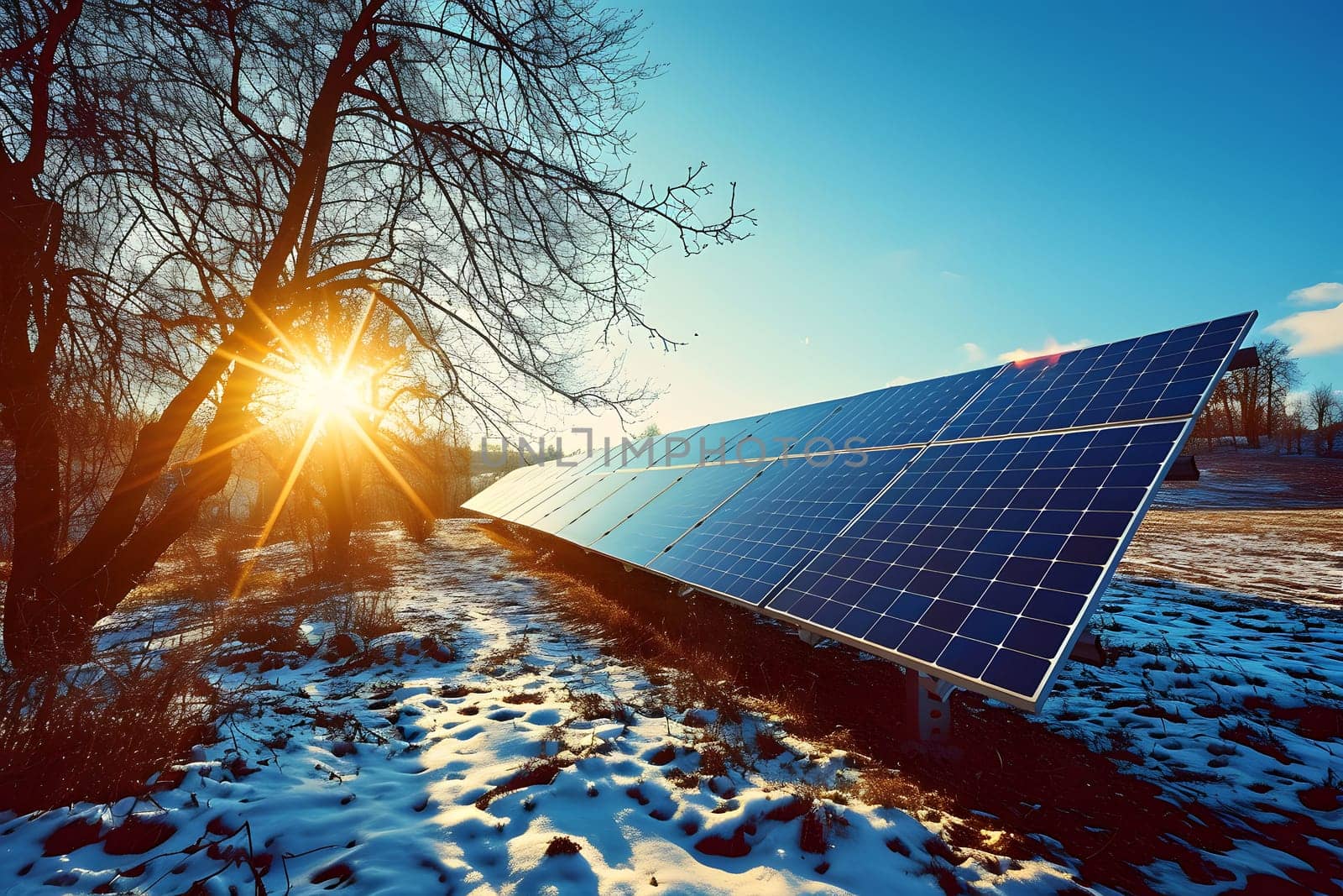 Photovoltaic solar panels in the field at winter sunset or sunrise by z1b