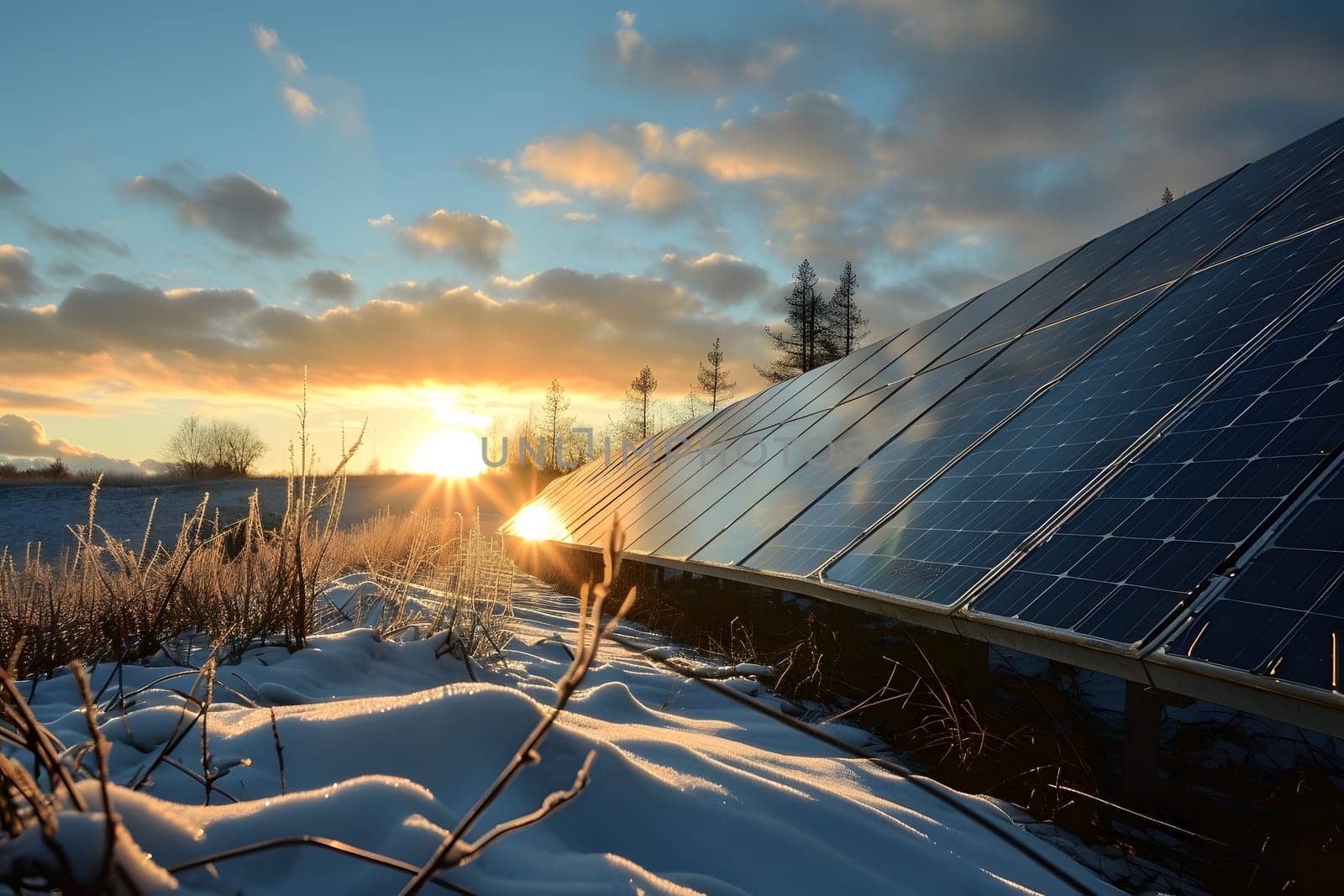 Photovoltaic solar panels in the field at winter sunset or sunrise by z1b