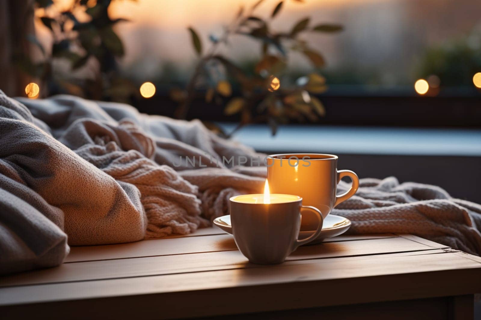 season, leisure and objects concept - cup with mesh tea infuser ball, candle on window sill at home. High quality photo