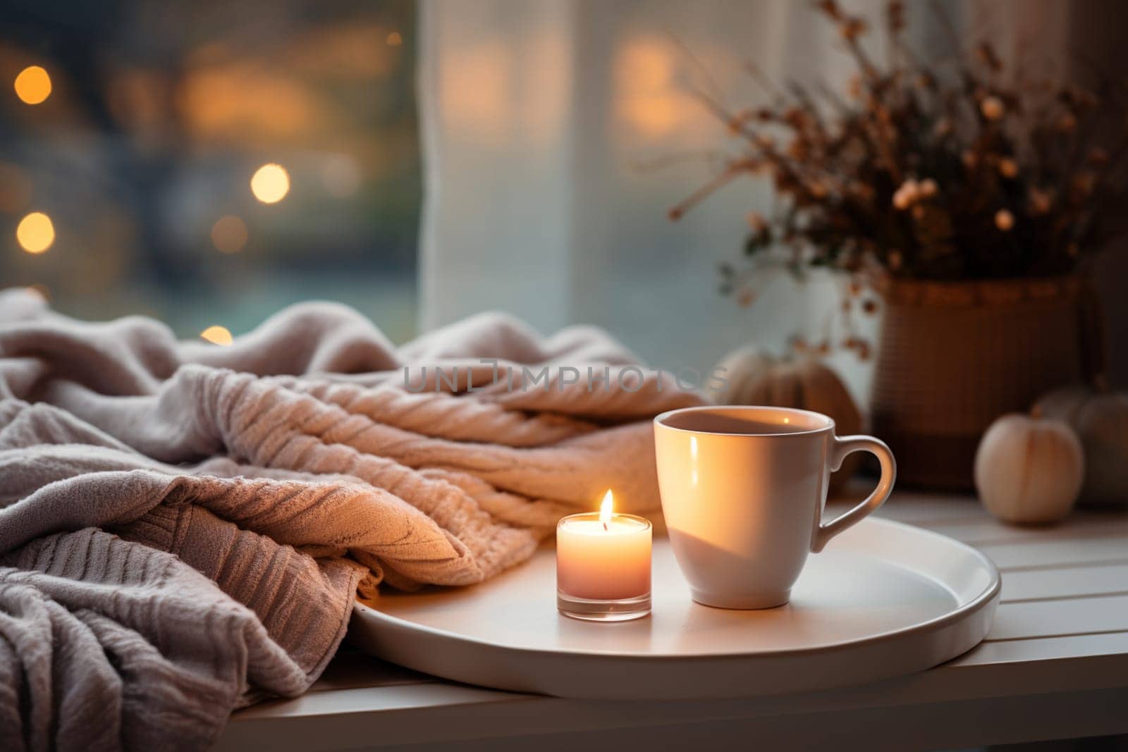 season, leisure and objects concept - cup with mesh tea infuser ball, candle on window sill at home. High quality photo