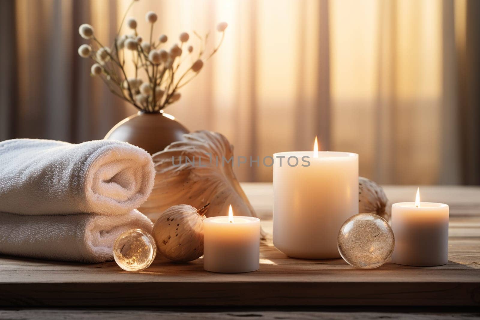 Beautiful composition of spa treatment on white wooden table by Andelov13