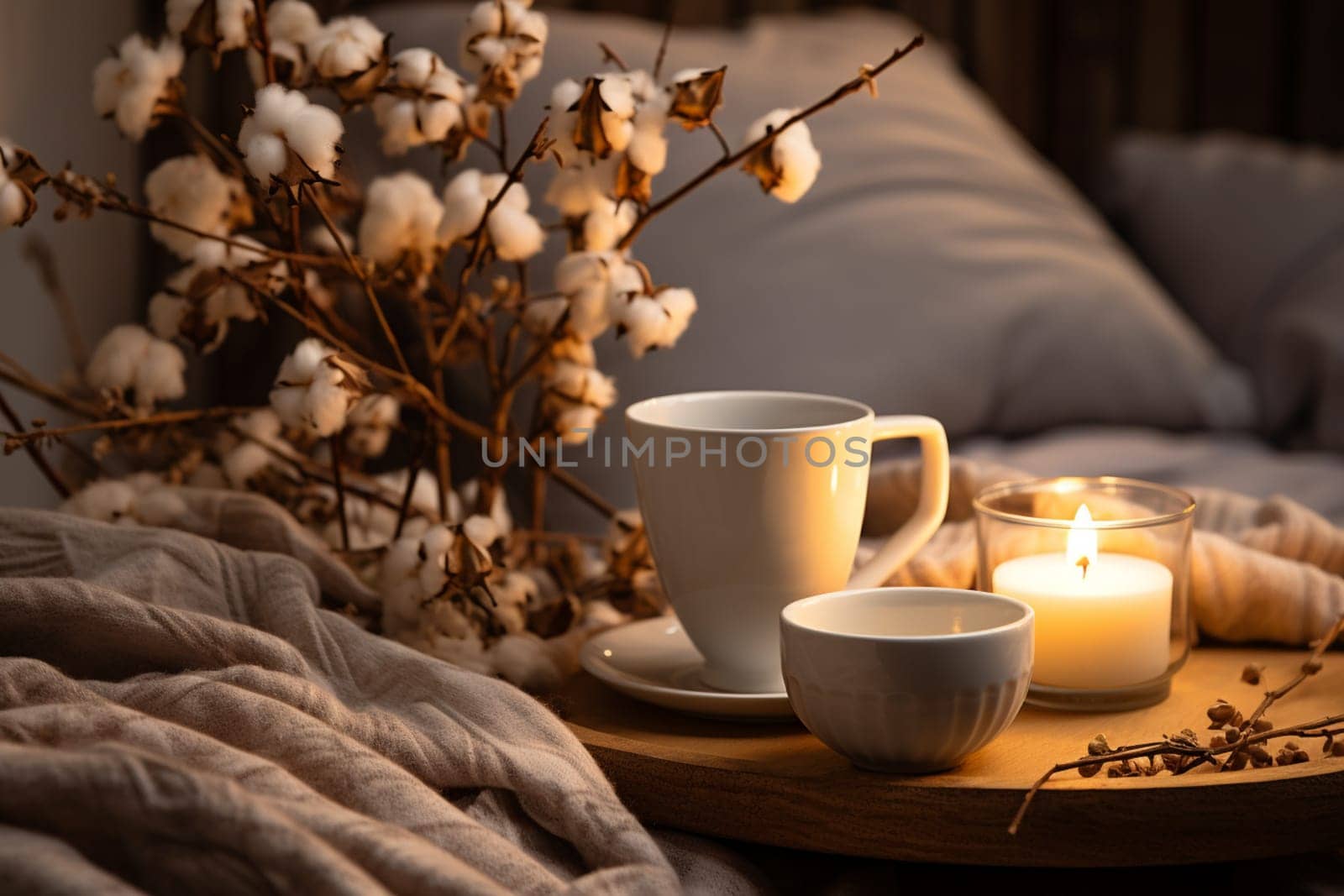 season, leisure and objects concept - cup with mesh tea infuser ball, candle on window sill at home. High quality photo