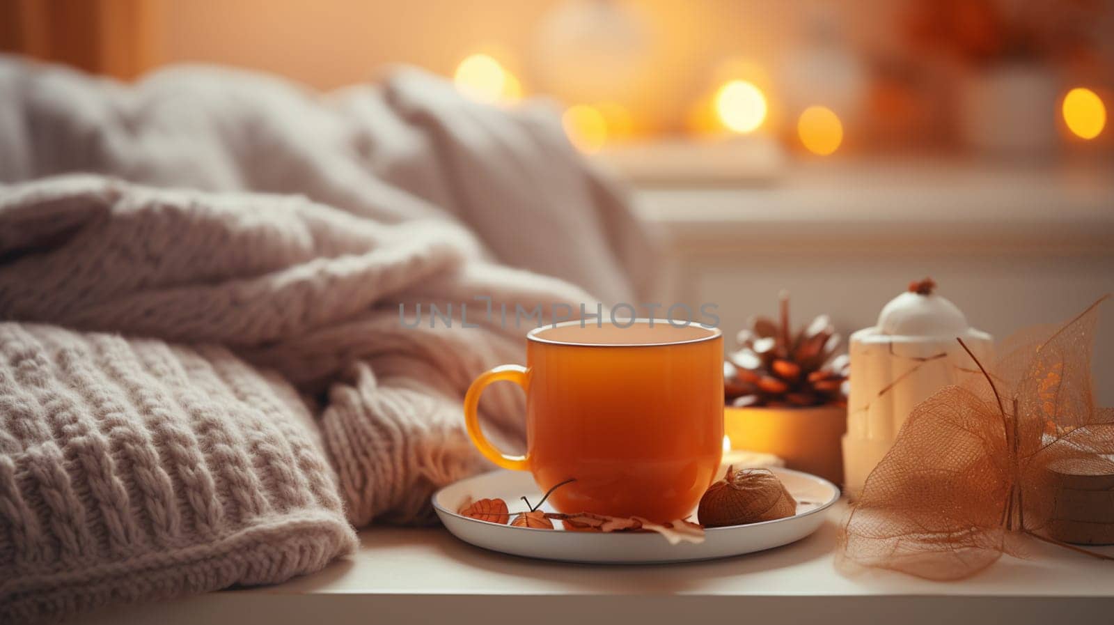 season, leisure and objects concept - cup with mesh tea infuser ball, candle on window sill at home. High quality photo