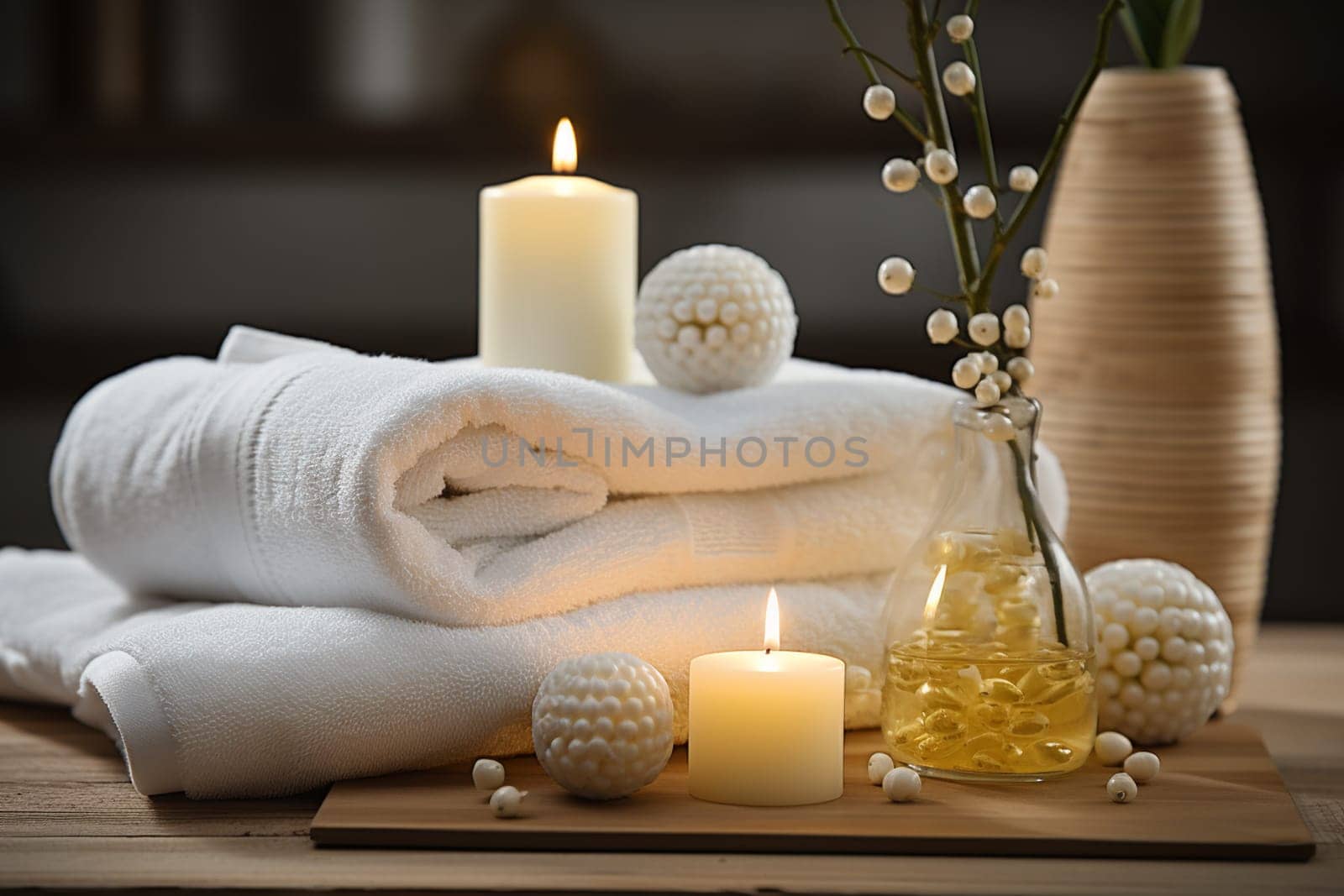 Beautiful composition of spa treatment on white wooden table by Andelov13