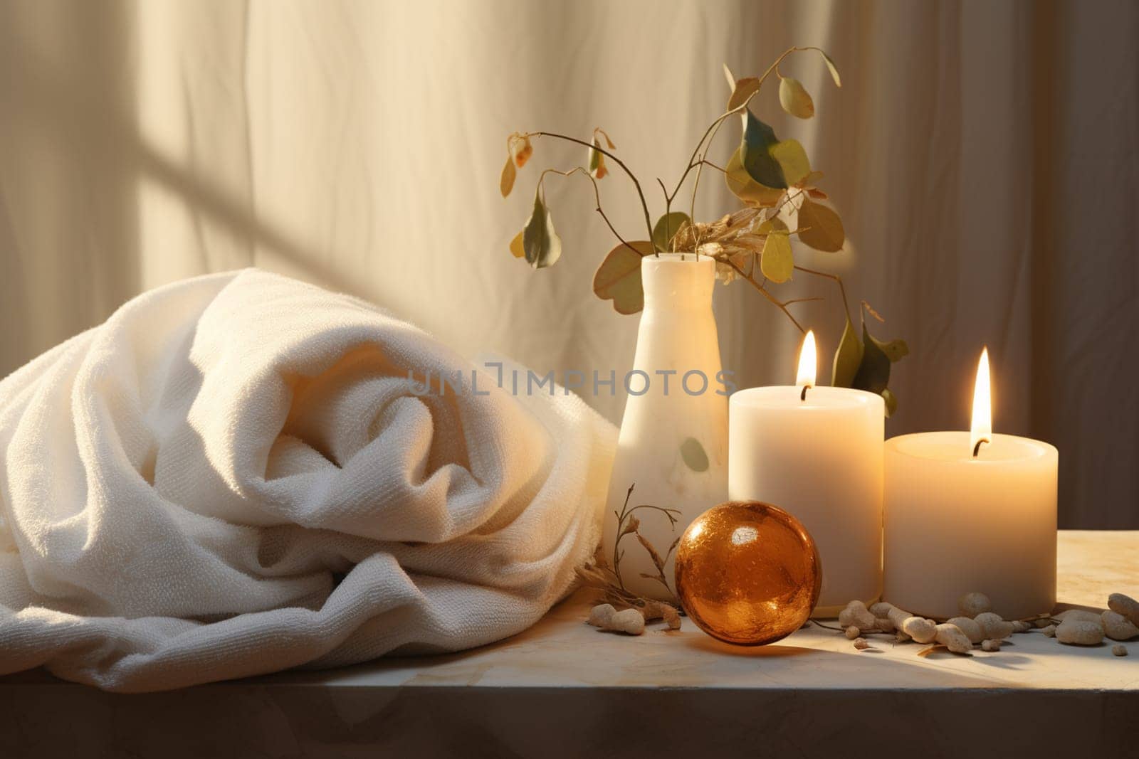Beautiful Composition of spa treatment on wooden background. Concept spa background for your advertising text and promotion. orchid, white towel, candles, close up by Andelov13