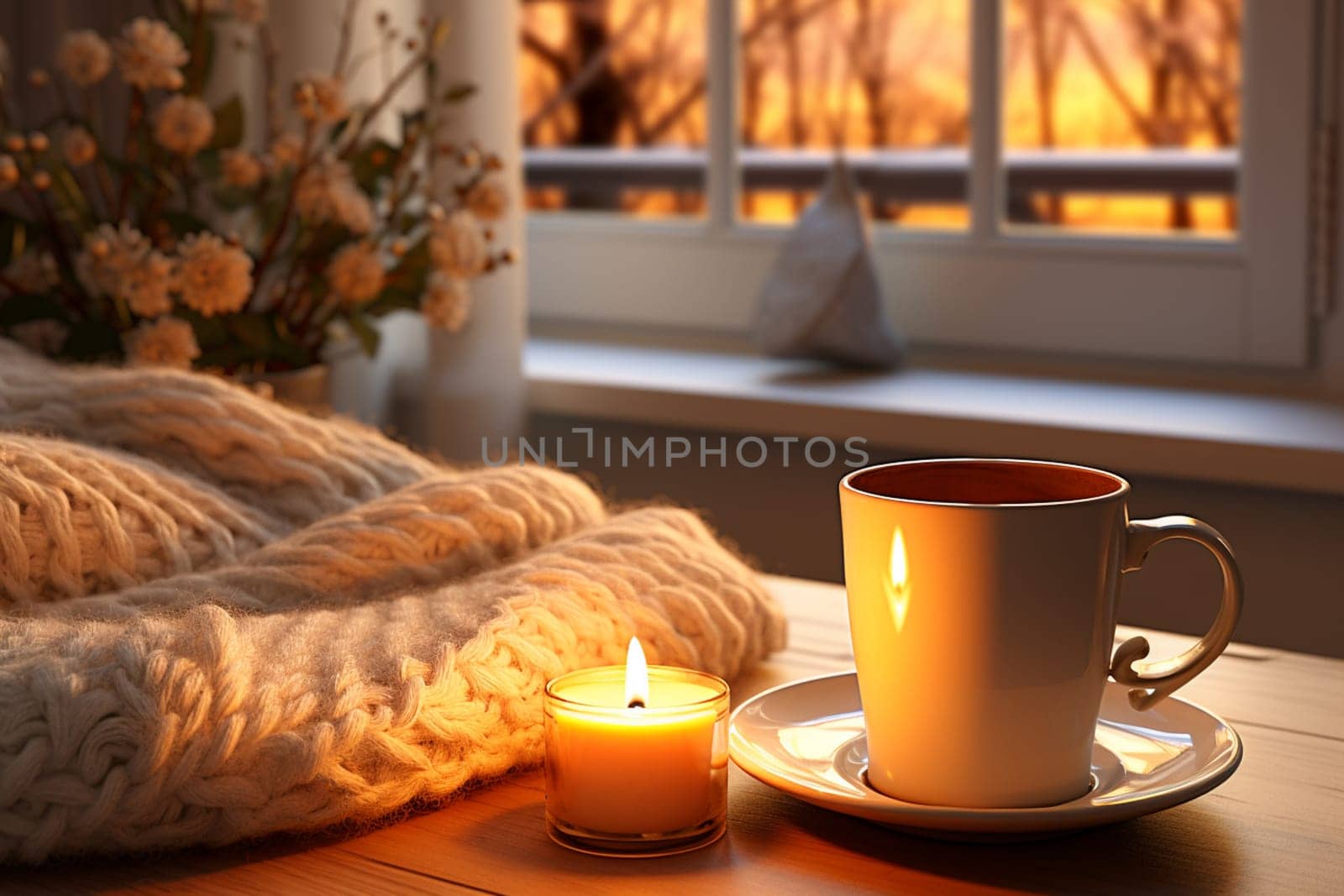 season, leisure and objects concept - cup with mesh tea infuser ball, candle on window sill at home. High quality photo