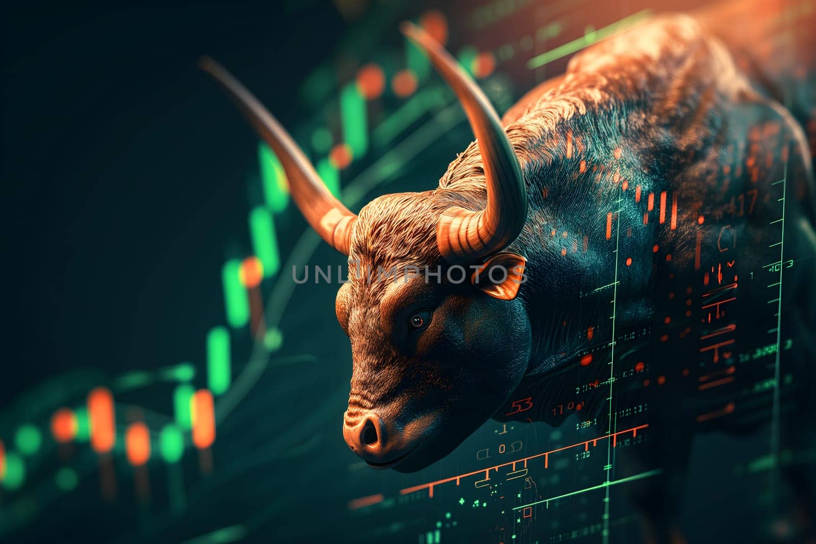 Bull with stock market chart in the background, closeup with selective focus Neural network generated in January 2024. Not based on any actual scene.