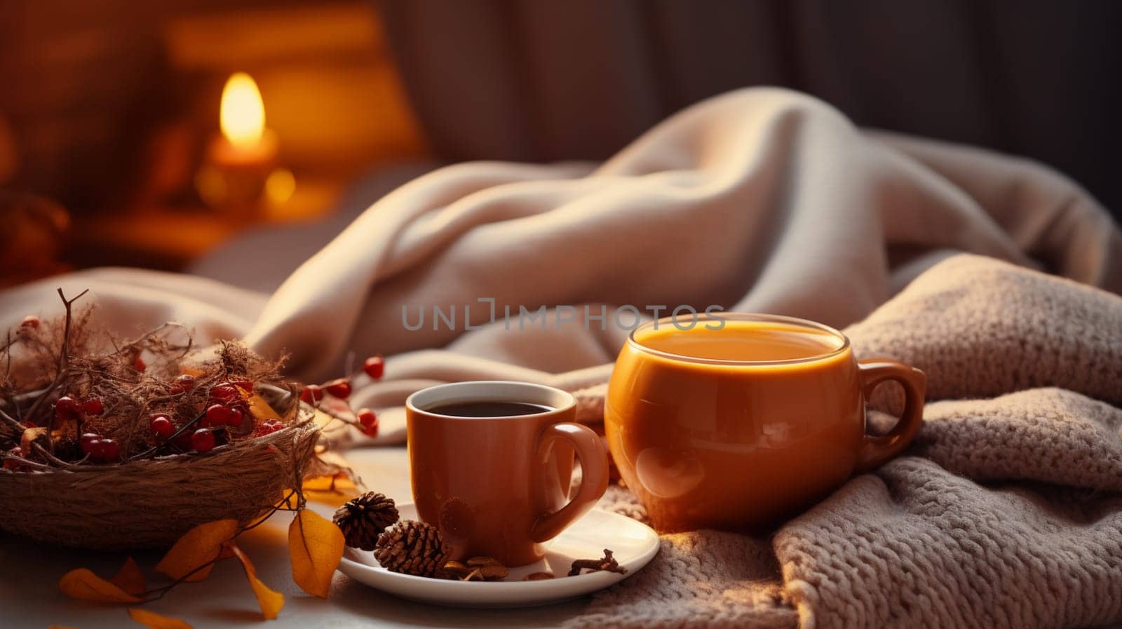 season, leisure and objects concept - cup with mesh tea infuser ball, candle on window sill at home. High quality photo