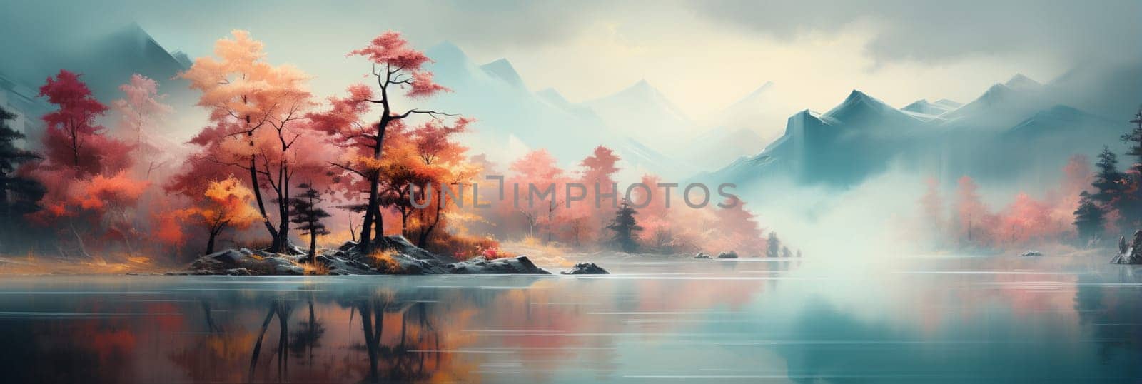 Digital art of a lake with an island and forests in the background by Andelov13