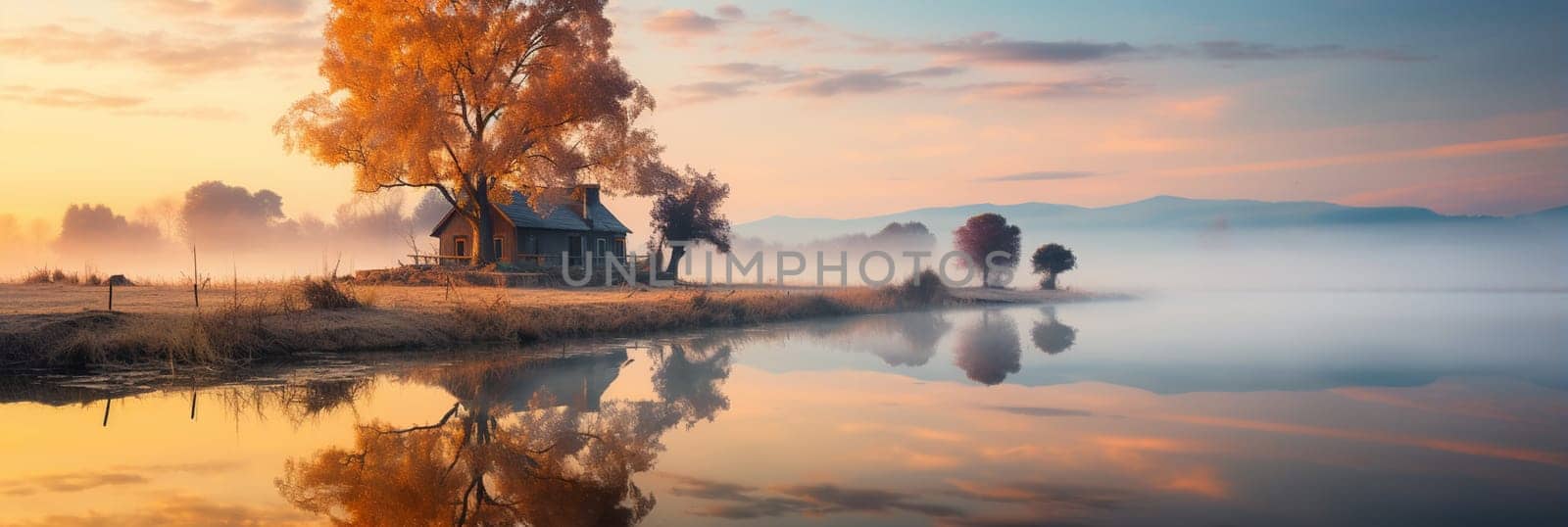 Digital art of a lake with an island and forests in the background. High quality photo