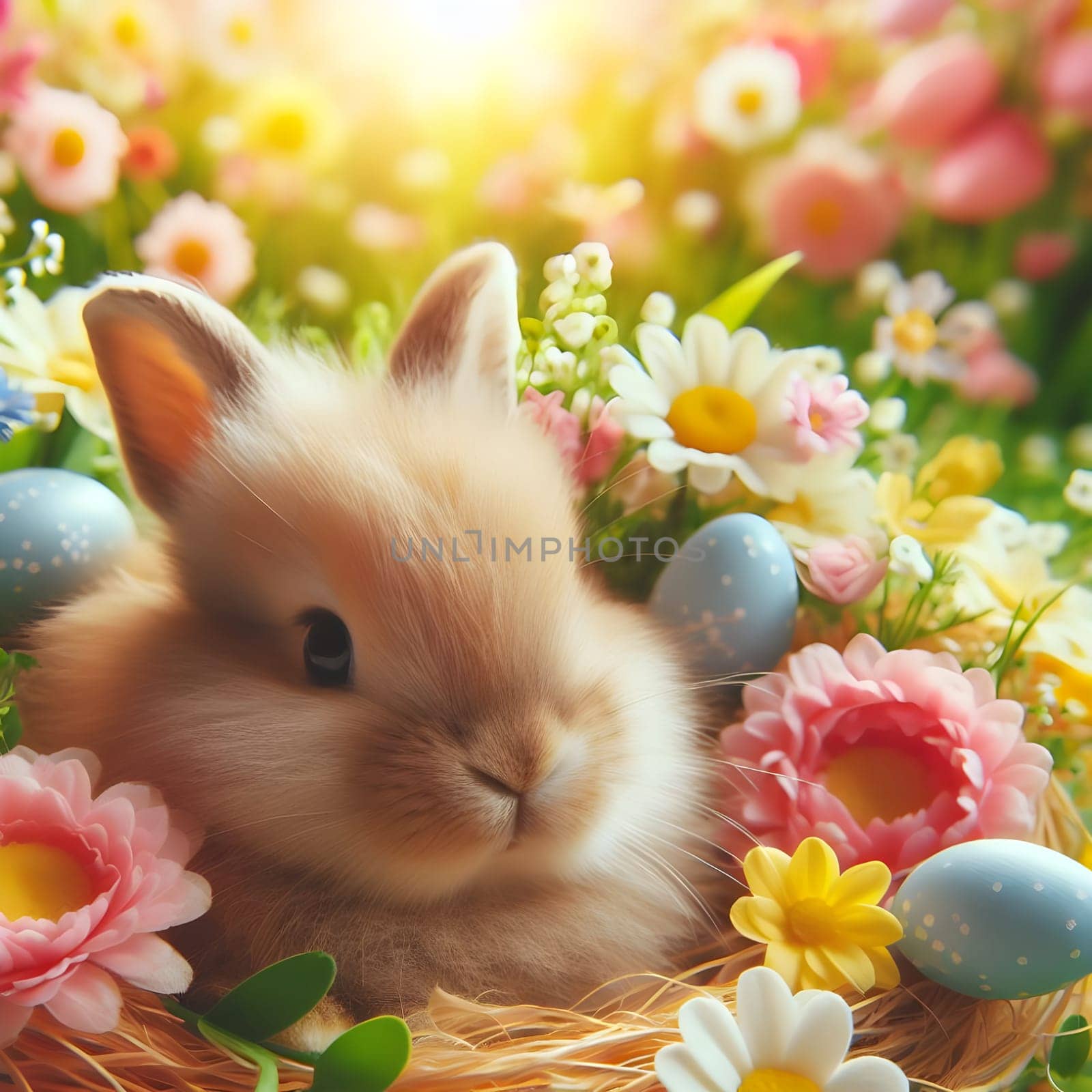 Happy Easter. Easter bunny with a basket of eggs. Happy Easter Bunny on a card on their hind legs with flowers at sunset. Cute hare by Designlab