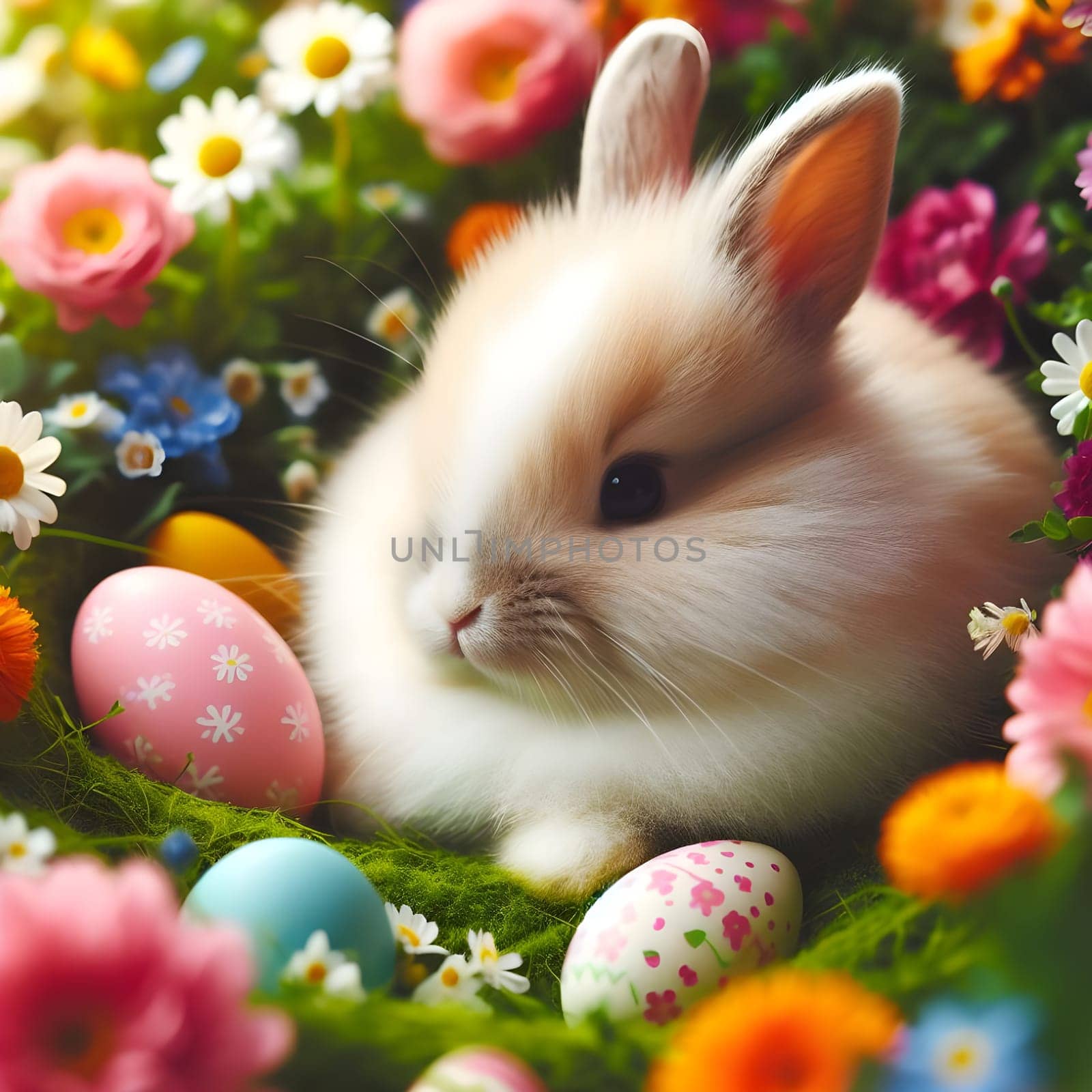 Happy Easter. Easter bunny with a basket of eggs. Happy Easter Bunny on a card on their hind legs with flowers at sunset. Cute hare. High quality photo