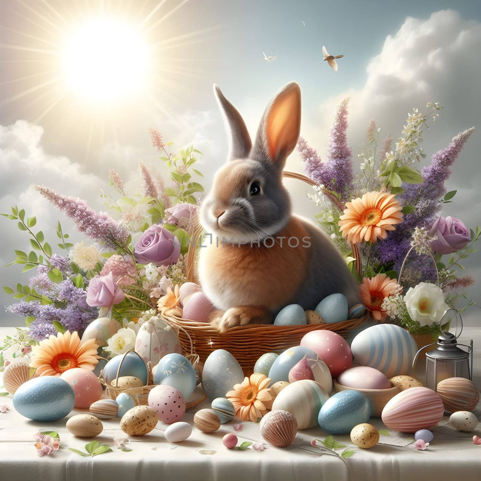 Happy Easter. Easter bunny with a basket of eggs. Happy Easter Bunny on a card on their hind legs with flowers at sunset. Cute hare by Designlab
