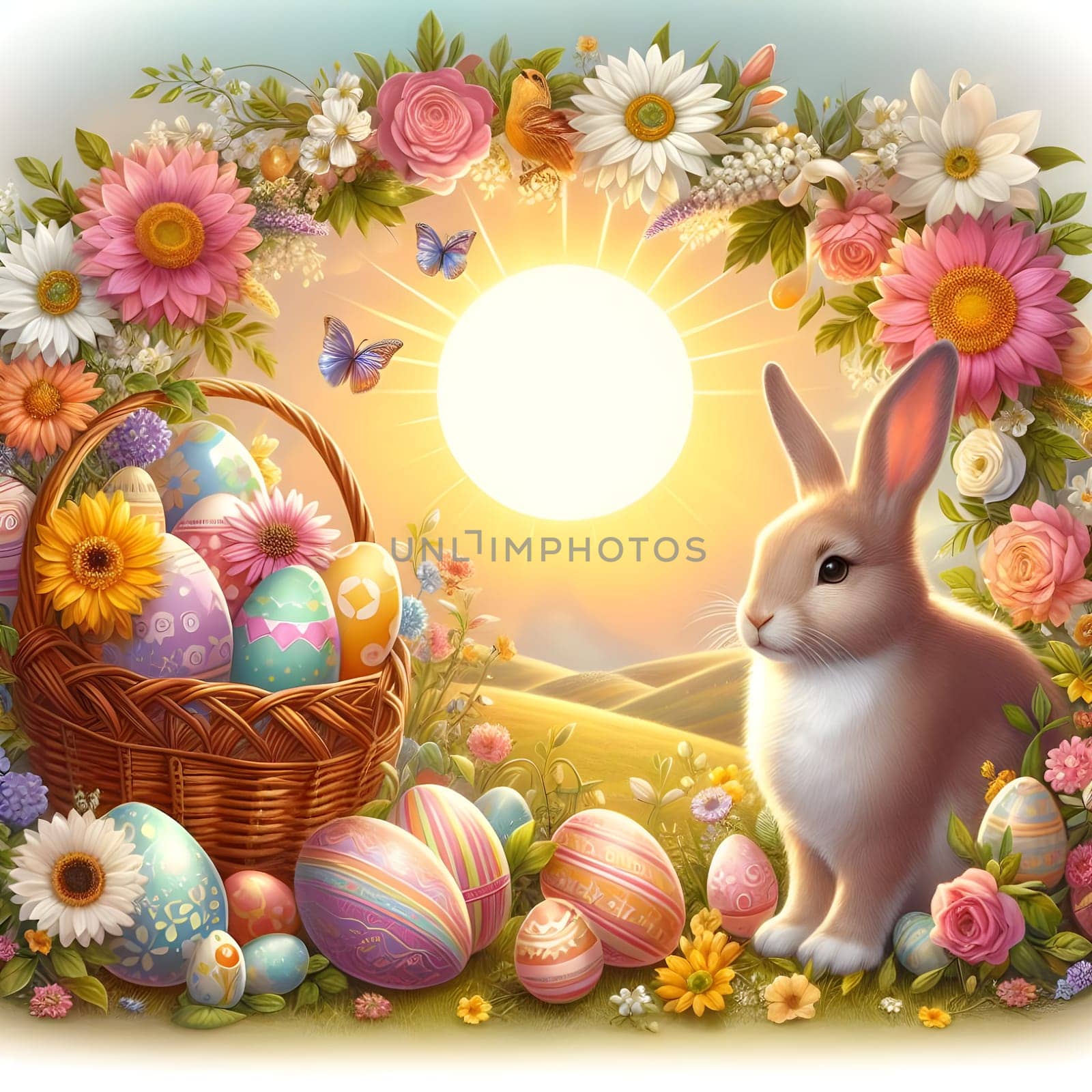 Happy Easter. Easter bunny with a basket of eggs. Happy Easter Bunny on a card on their hind legs with flowers at sunset. Cute hare. High quality photo