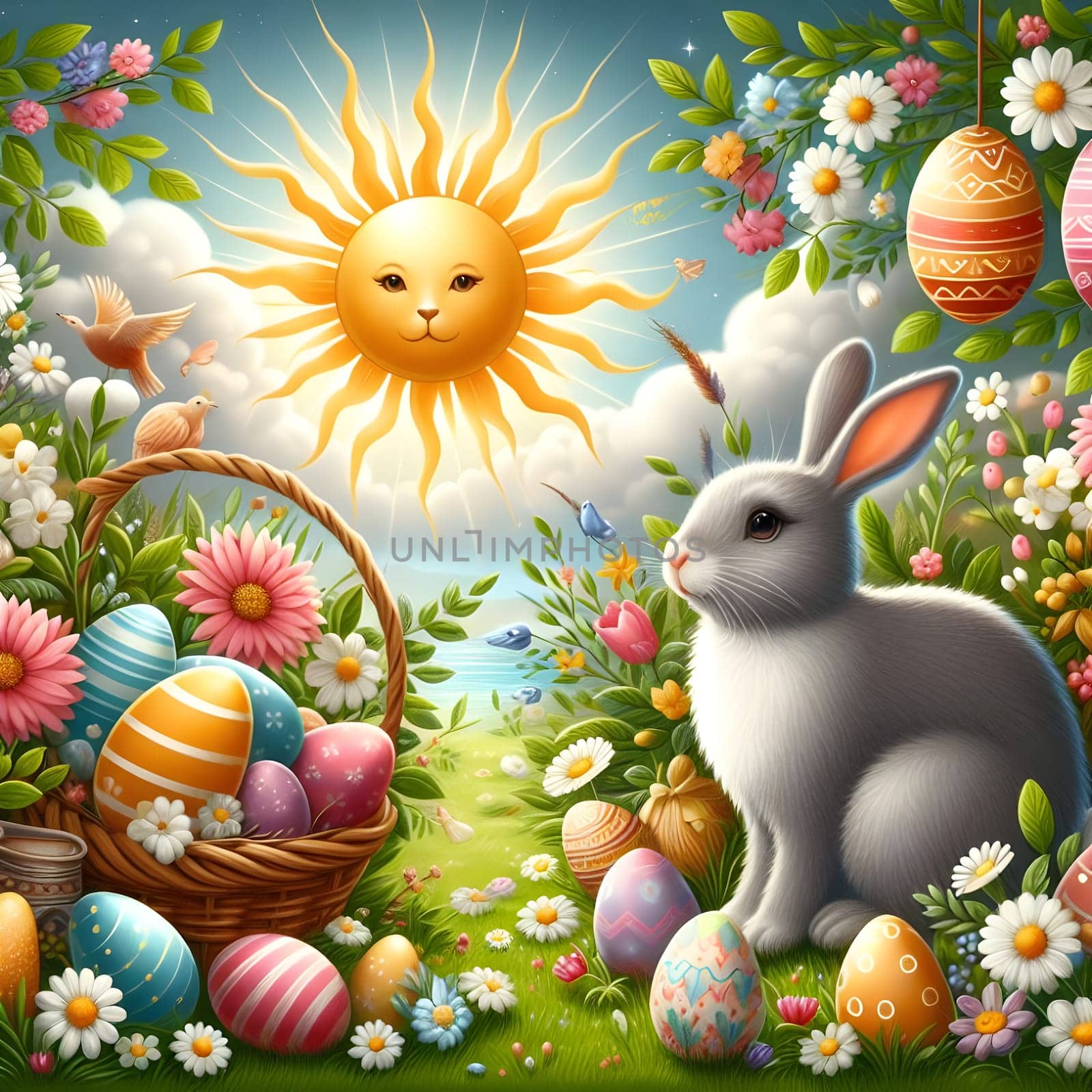 Happy Easter. Easter bunny with a basket of eggs. Happy Easter Bunny on a card on their hind legs with flowers at sunset. Cute hare. High quality photo