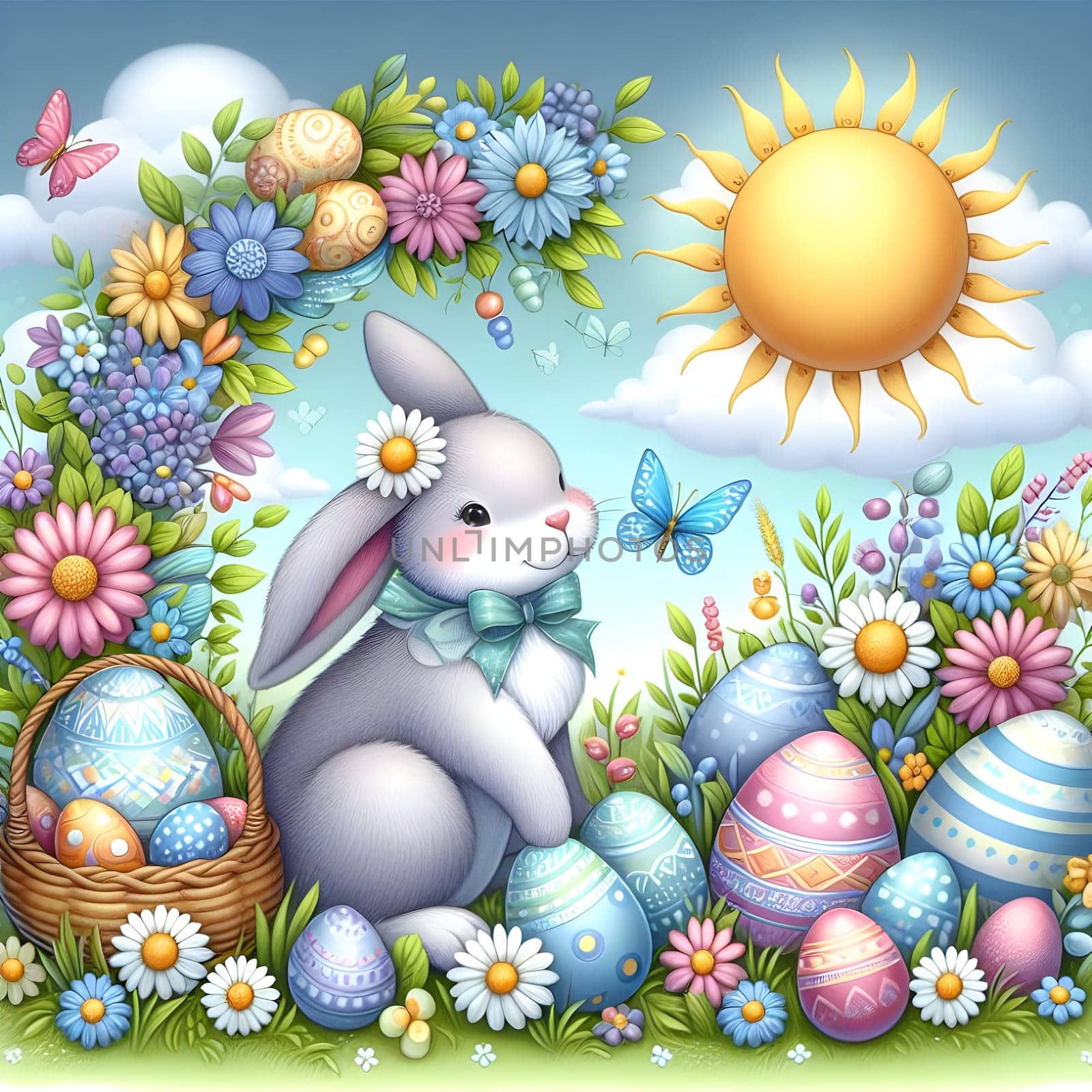 Happy Easter. Easter bunny with a basket of eggs. Happy Easter Bunny on a card on their hind legs with flowers at sunset. Cute hare. High quality photo