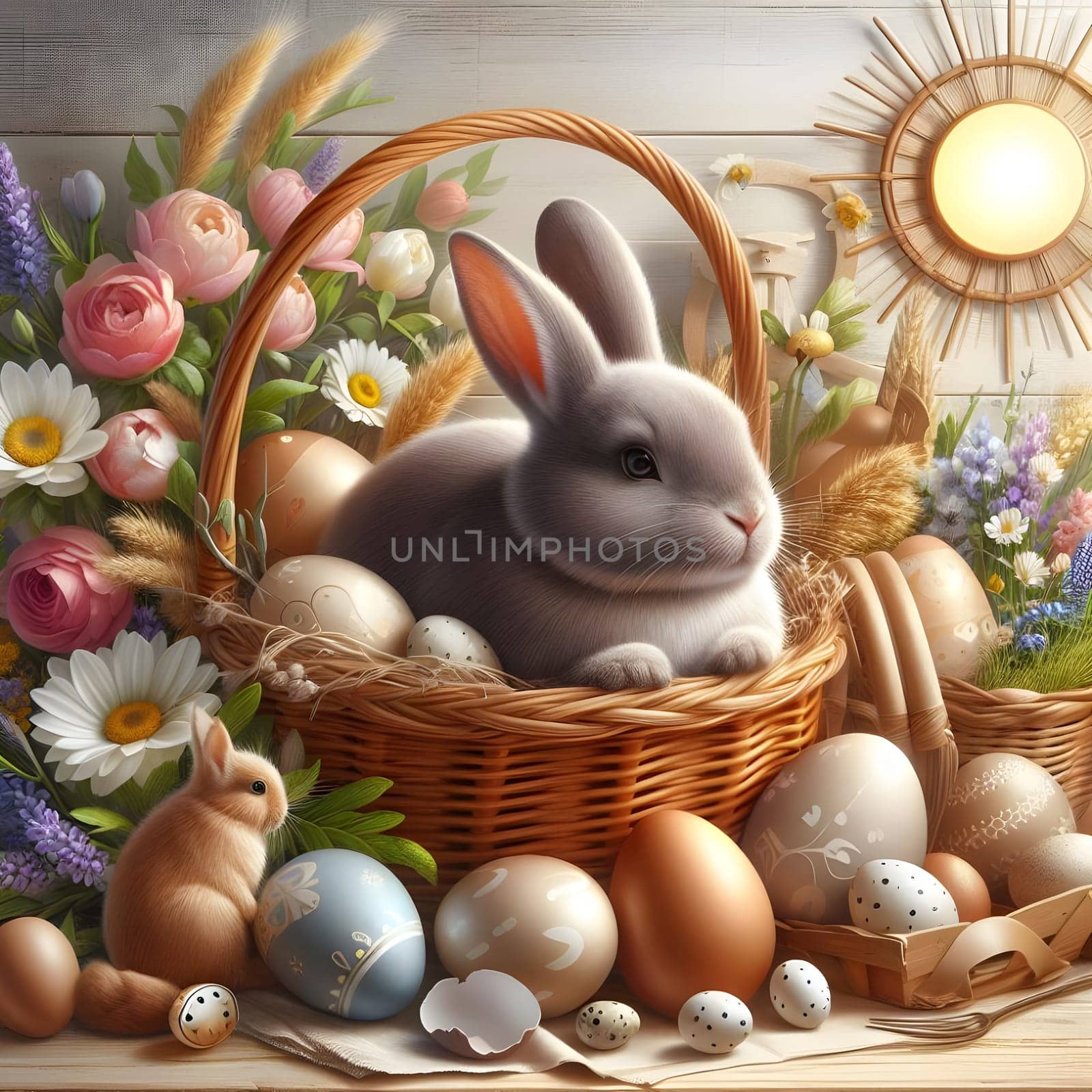 Happy Easter. Easter bunny with a basket of eggs. Happy Easter Bunny on a card on their hind legs with flowers at sunset. Cute hare. High quality photo