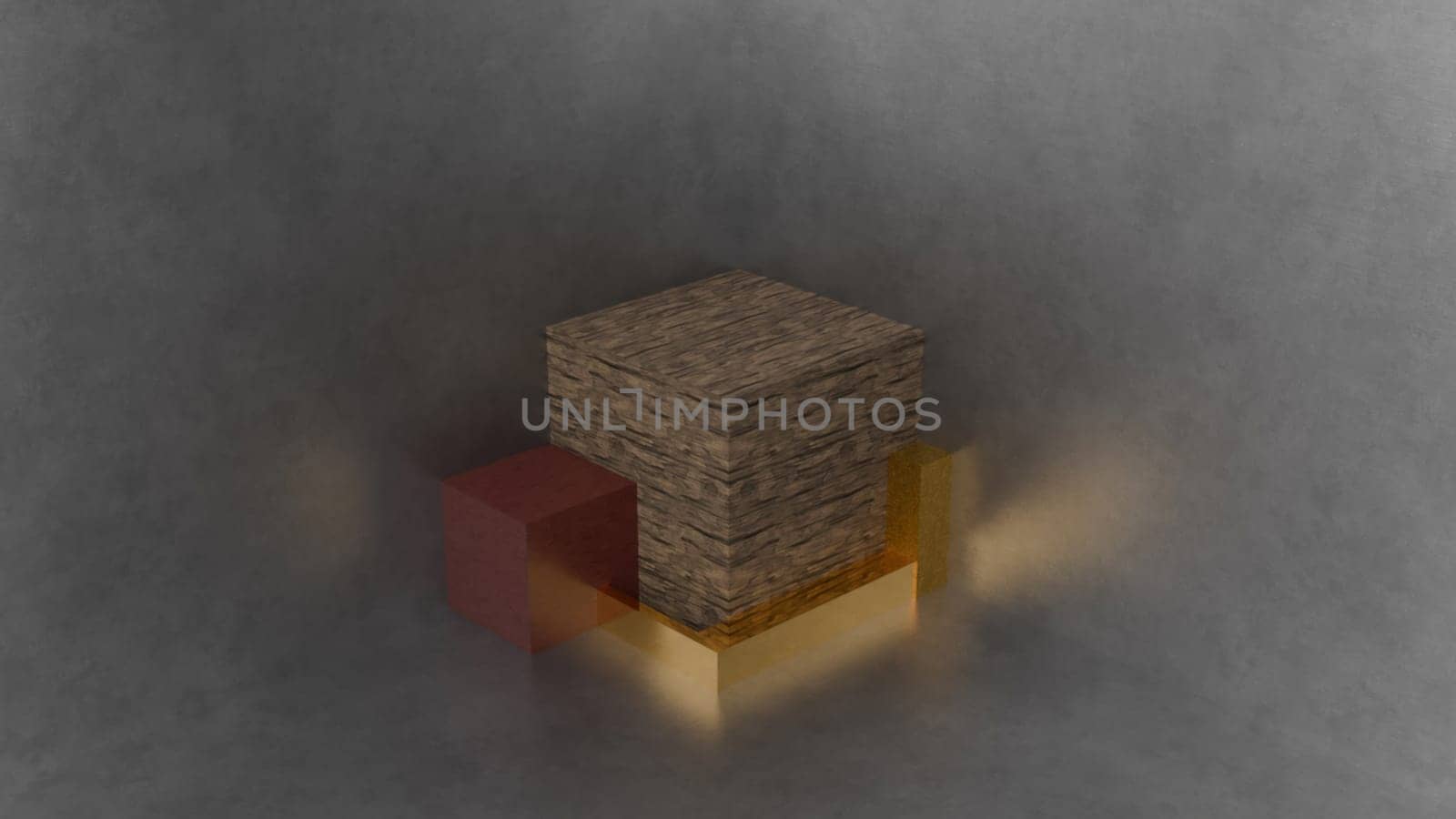 Pedestal with woods and gold blocks. Computer generated 3d render