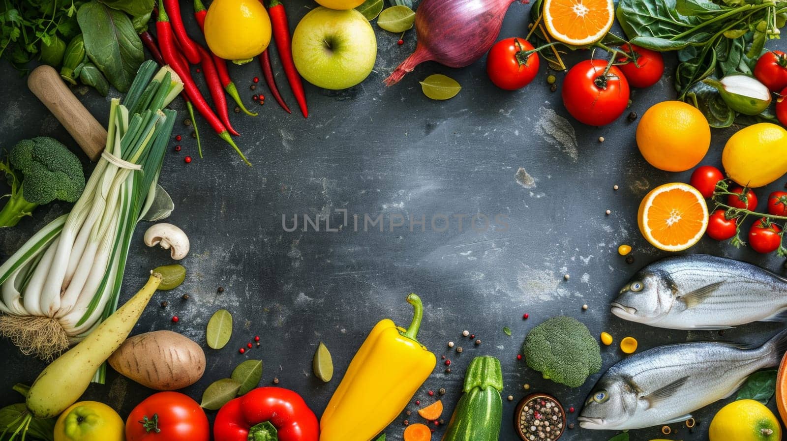 Top view of Fruits, vegetables and fish background. Healthy living concept.