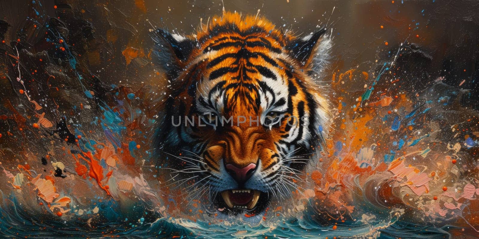 Painting of a tiger with oil technique. Wall art