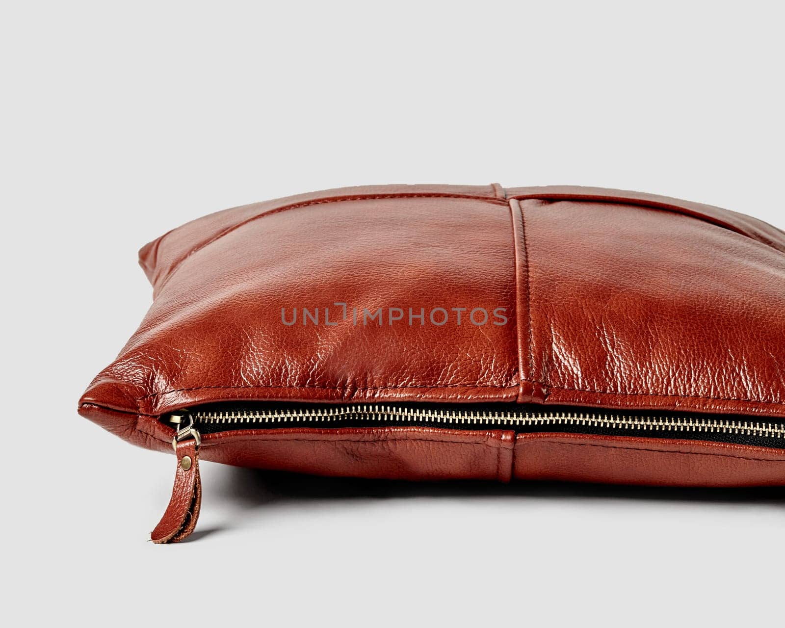 Closeup of brown leather cushion with metal gold side zipper and pull detail adding functional elegance to piece. Handcrafted accessory for cozy interior design
