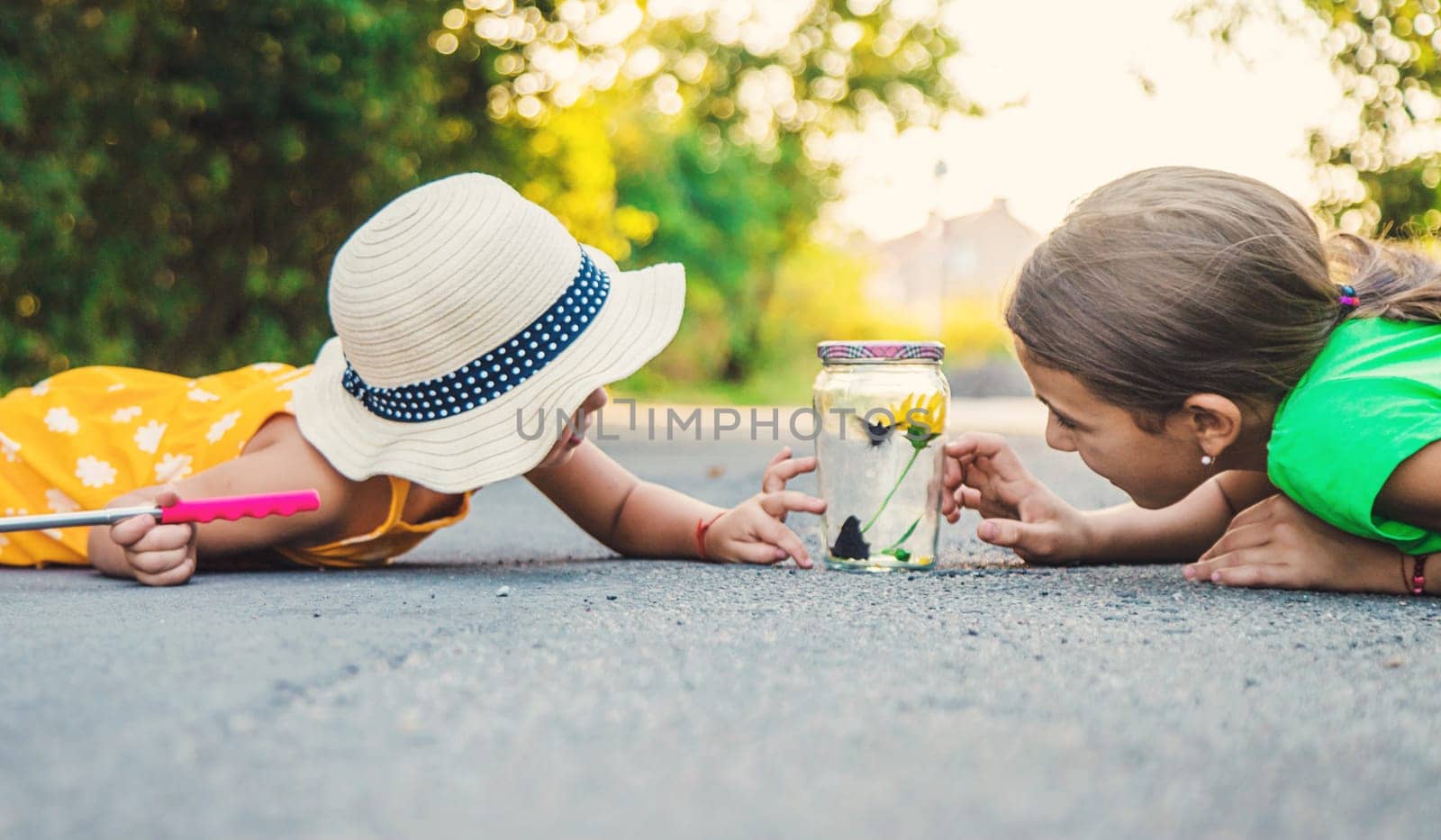 A child catches a butterfly in nature. selective focus. kid.