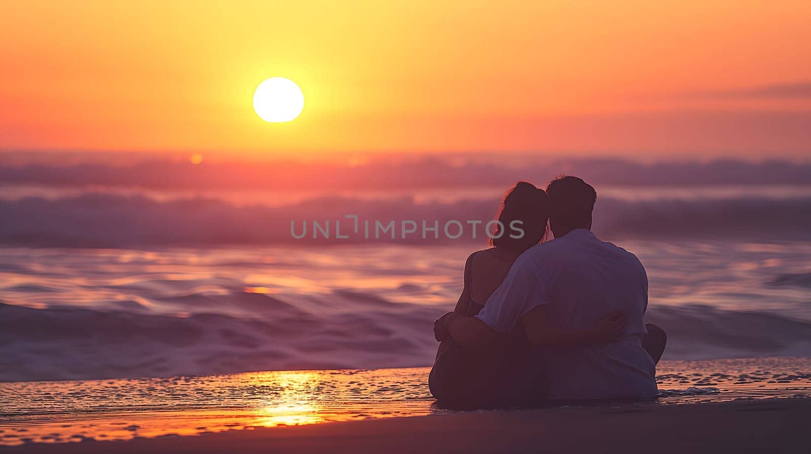 Couple in love watching the sunset on a beach. Neural network generated image. Not based on any actual person or scene.