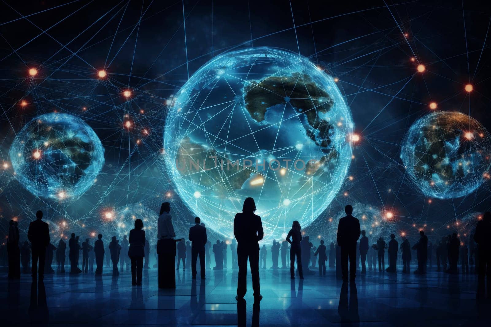 A conceptual image depicting a global business network with figures connected by light surrounding a glowing earth, symbolizing worldwide communication and collaboration