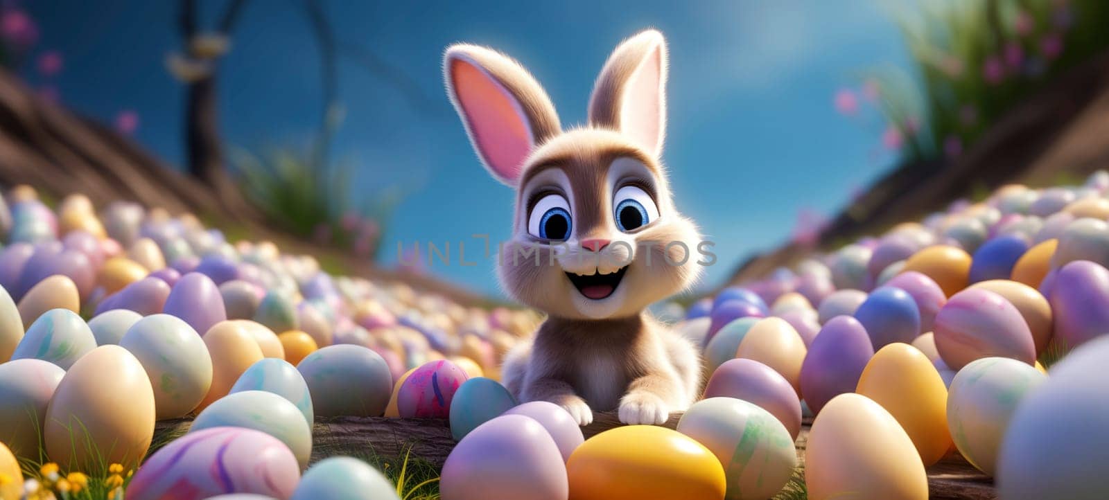 Cartoon bunny amid vibrant Easter eggs