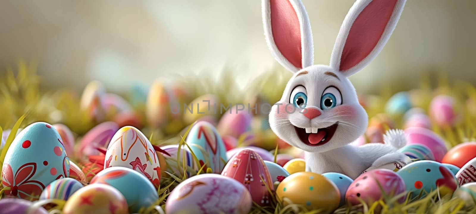 Joyful Cartoon Rabbit with Colorful Easter Eggs in a Spring Meadow.