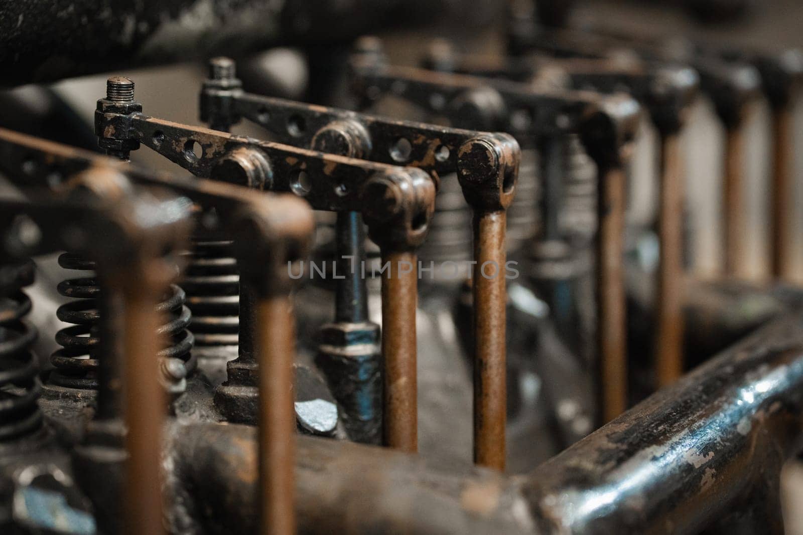 Old plane engine, closeup details of mechanic parts and valves by Popov