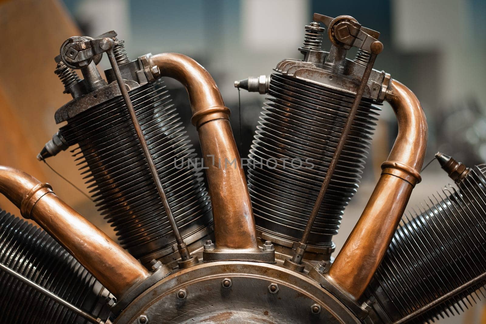 Old propeller airplane closeup details, plane motor of classic aviation