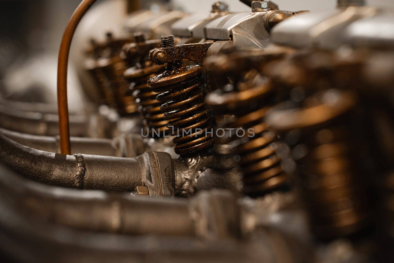 Old airplane engine closeup details, metal mechanism by Popov