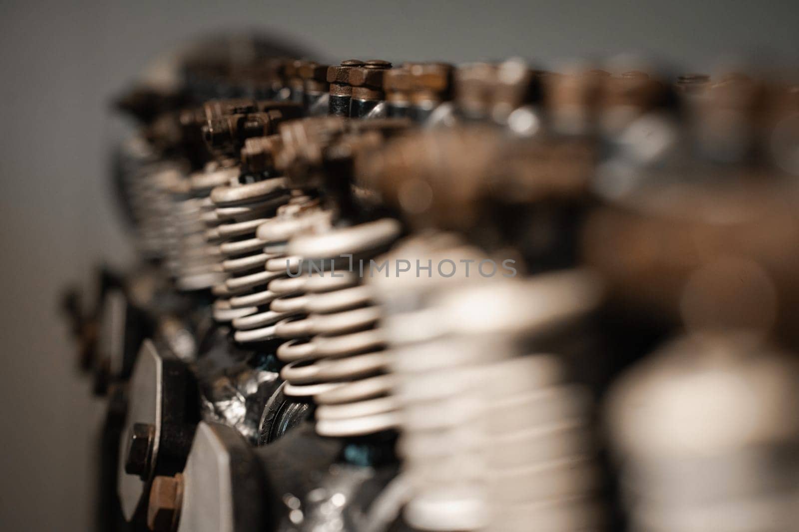 Old propeller airplane details, retro engine closeup by Popov