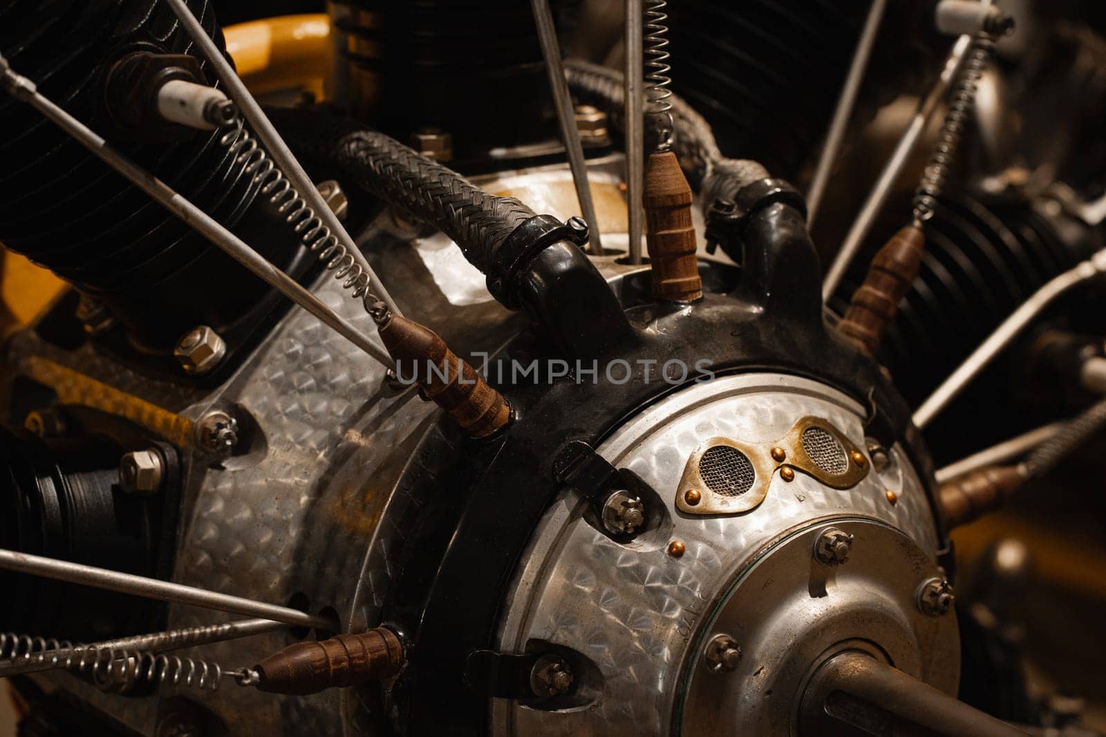 Old mechanic plane engine, historic retro radial motor part with closeup details