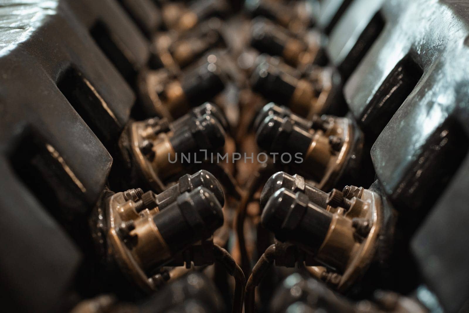 Old aeroplane engine, symmetric motor metal shining parts and closeup details