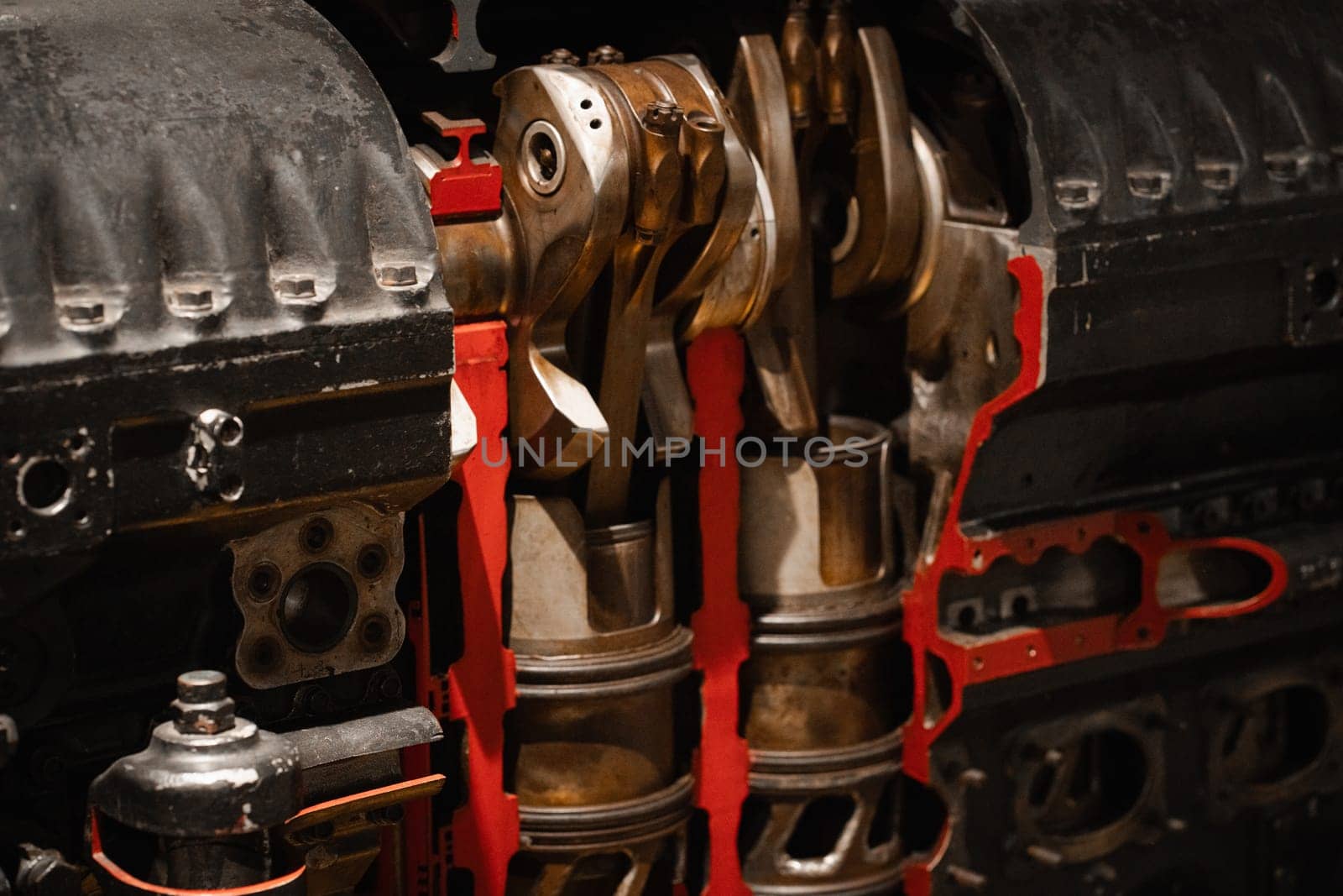 Old airplane engine closeup, industrial structure of classic motor by Popov