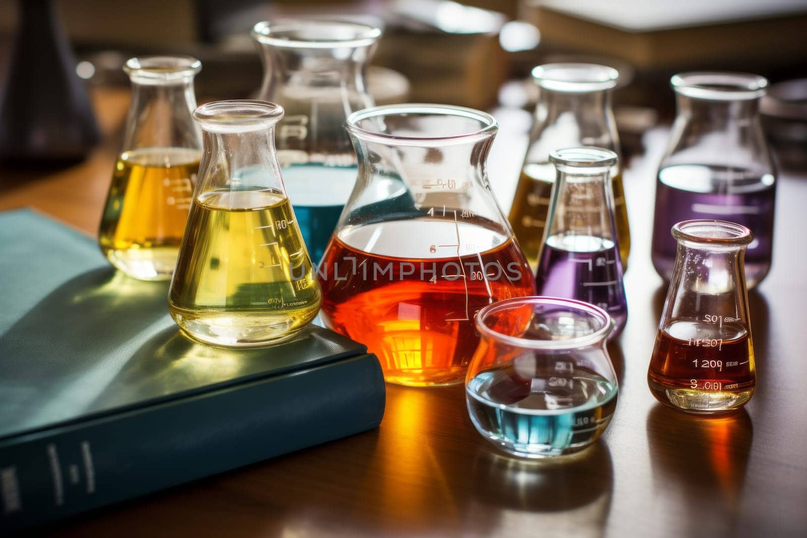 Chemistry and medicine. Medical glass flasks with multi-colored liquids in the laboratory.