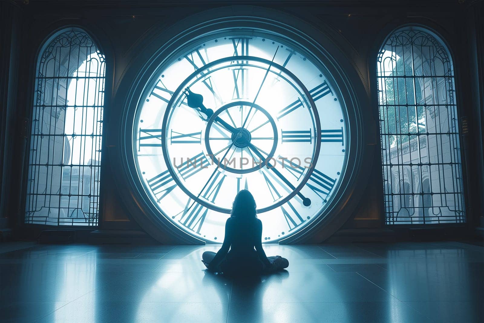 A woman sits in front of a giant clock and meditates. by Sd28DimoN_1976