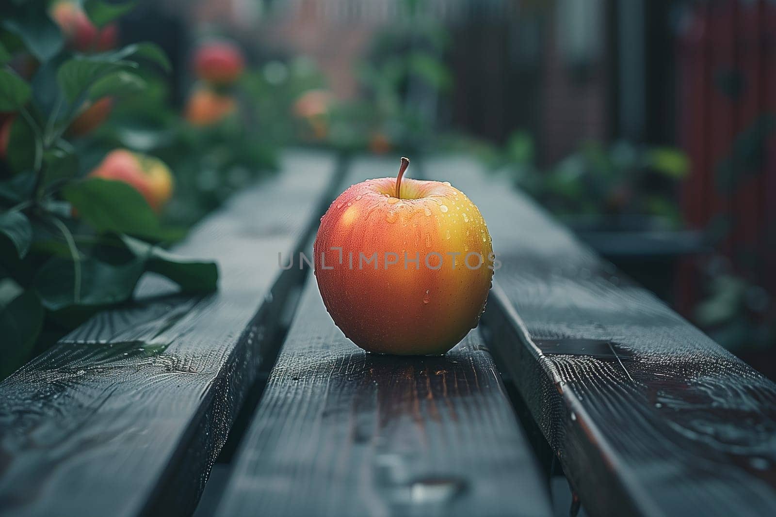 An apple lies on a wooden bench in an autumn park. Close-up.