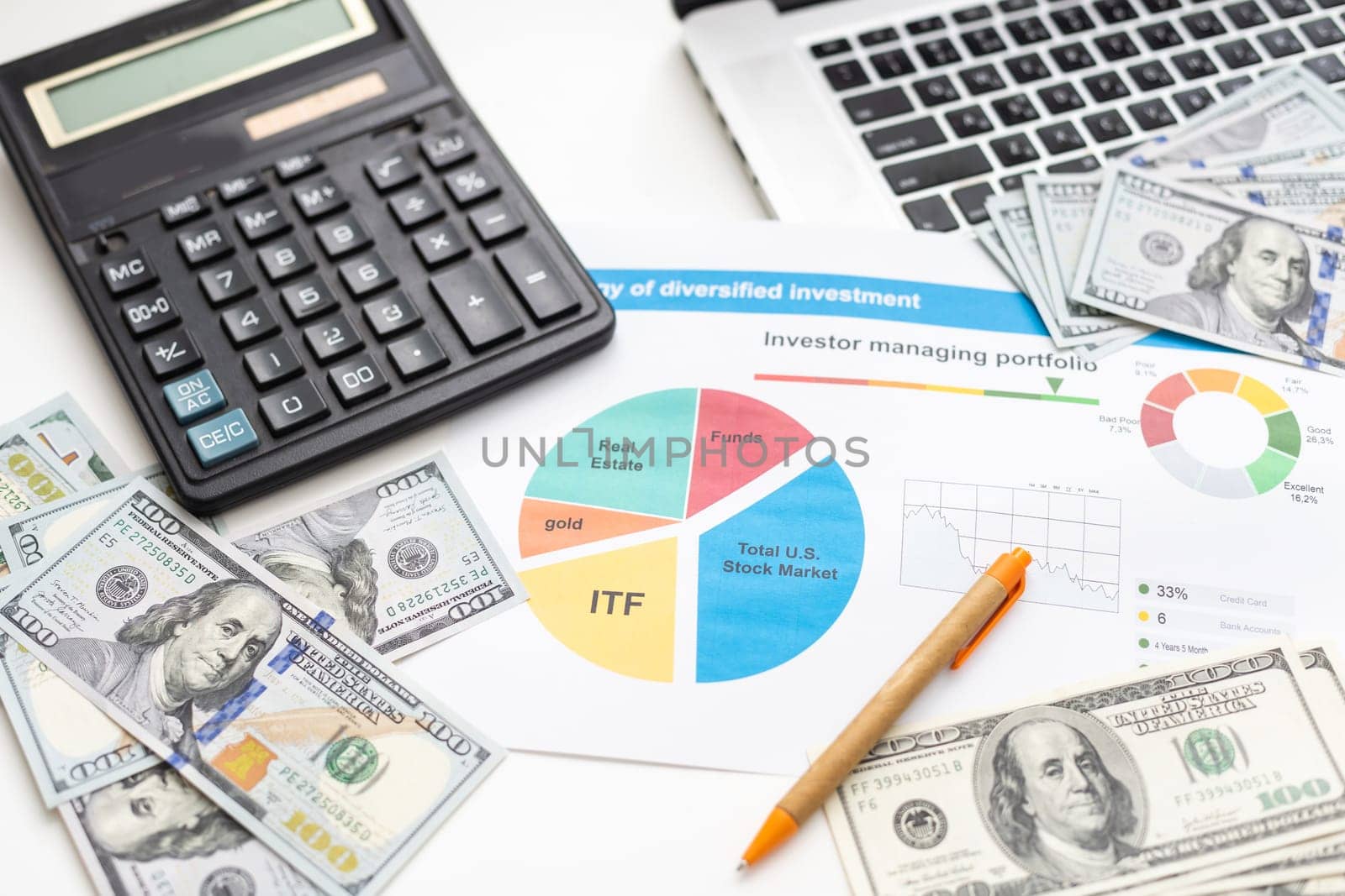 Investment planning and reporting concept. Closed up of investment planning report containing colorful graph of asset allocation planning. High quality photo