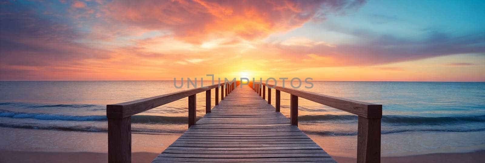 A vibrant sunset paints the sky over a serene lake, casting a radiant glow on a peaceful wooden pier. Generative AI