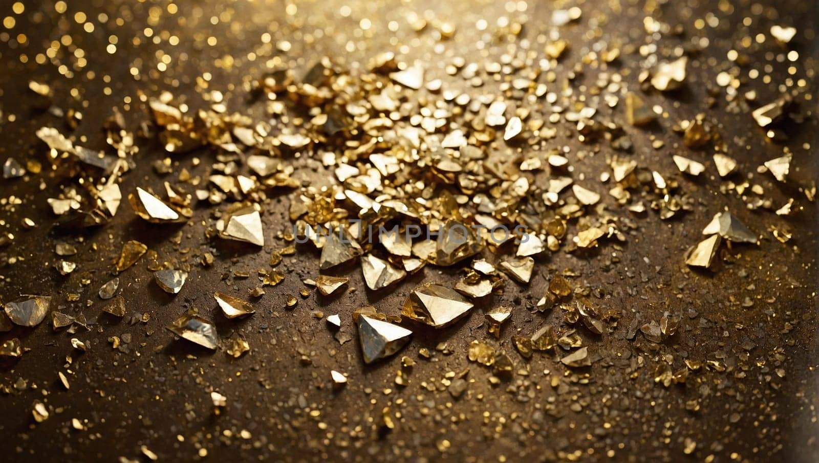 Gold metal crystal surface, metallic texture with visible crystals with sparkling light reflections in the background