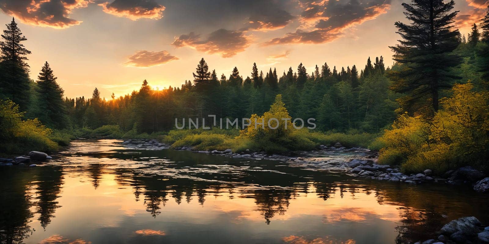 A vibrant sunset paints the sky above a tranquil forest river. Generative AI. by GoodOlga