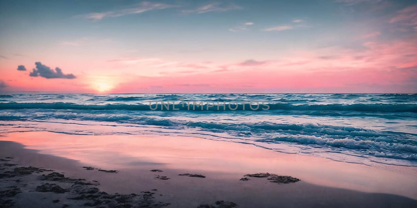 An illustration of sea waves at sunset The shimmering waves reflect the warm hues of the setting sun creating a breathtaking scene. Generative AI