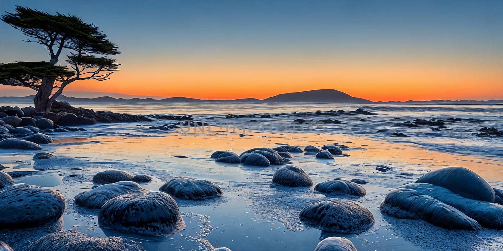 A serene pebble beach glows under the warm hues of the setting sun. Generative AI. by GoodOlga