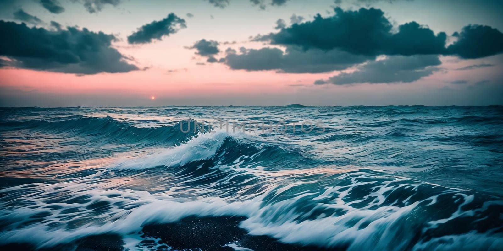 An illustration of sea waves at sunset The shimmering waves reflect the warm hues of the setting sun creating a breathtaking scene. Generative AI